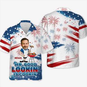 Photo personnalisée « M. Beau gosse cuisine » - T-shirt hawaïen unisexe tropical personnalisé pour la famille - Cadeau de vacances d'été, cadeau pour papa, grand-père, amoureux des voyages