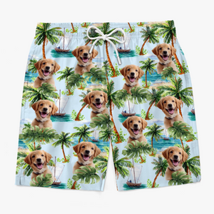 Short de plage hawaïen personnalisé avec photo « Paws And Paradise » pour chien et chat, motif tropical Aloha, idéal pour les vacances d'été. Cadeau idéal pour les propriétaires et les amoureux des animaux.