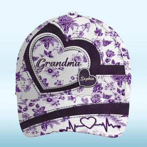 Chapeau personnalisé, casquette classique à imprimé intégral – Cadeaux d'anniversaire personnalisés pour maman et grand-mère – L'amour fleurit avec les petits-enfants