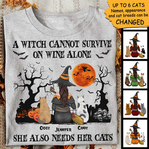 A Witch Cannot Survive On Wine Alone, She Also Needs A Cat - Personalized Unisex T-Shirt, Halloween Ideas..