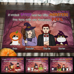 A Wicked Witch And Her Little Monsters Live Here With One Handsome Devil - Personalized Decorative Mat, Halloween Ideas..