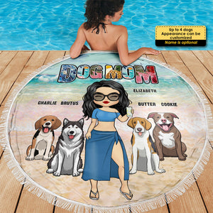 Maman chien, c'est l'heure de la plage ! Serviette de plage ronde personnalisée. Cadeau pour maman chien.
