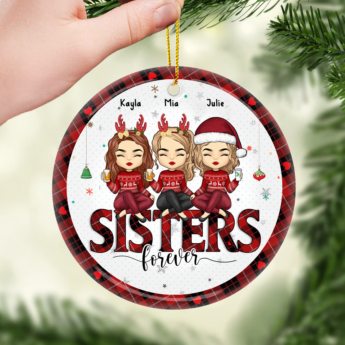 Besties By Heart - Ornement personnalisé Bestie - Forme ronde en céramique - Cadeau de Noël pour meilleures amies, meilleures amies, sœurs