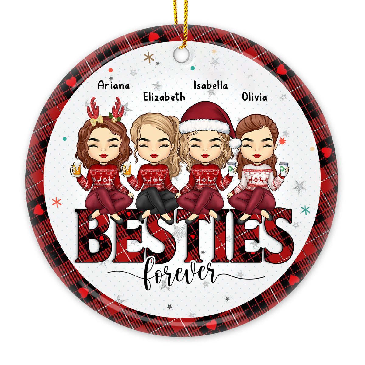 Besties By Heart - Ornement personnalisé Bestie - Forme ronde en céramique - Cadeau de Noël pour meilleures amies, meilleures amies, sœurs