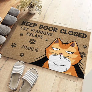 Veuillez garder la porte fermée, les chats planifient une évasion - Tapis décoratif personnalisé pour chat - Cadeau de pendaison de crémaillère pour les amoureux des animaux, les propriétaires d'animaux