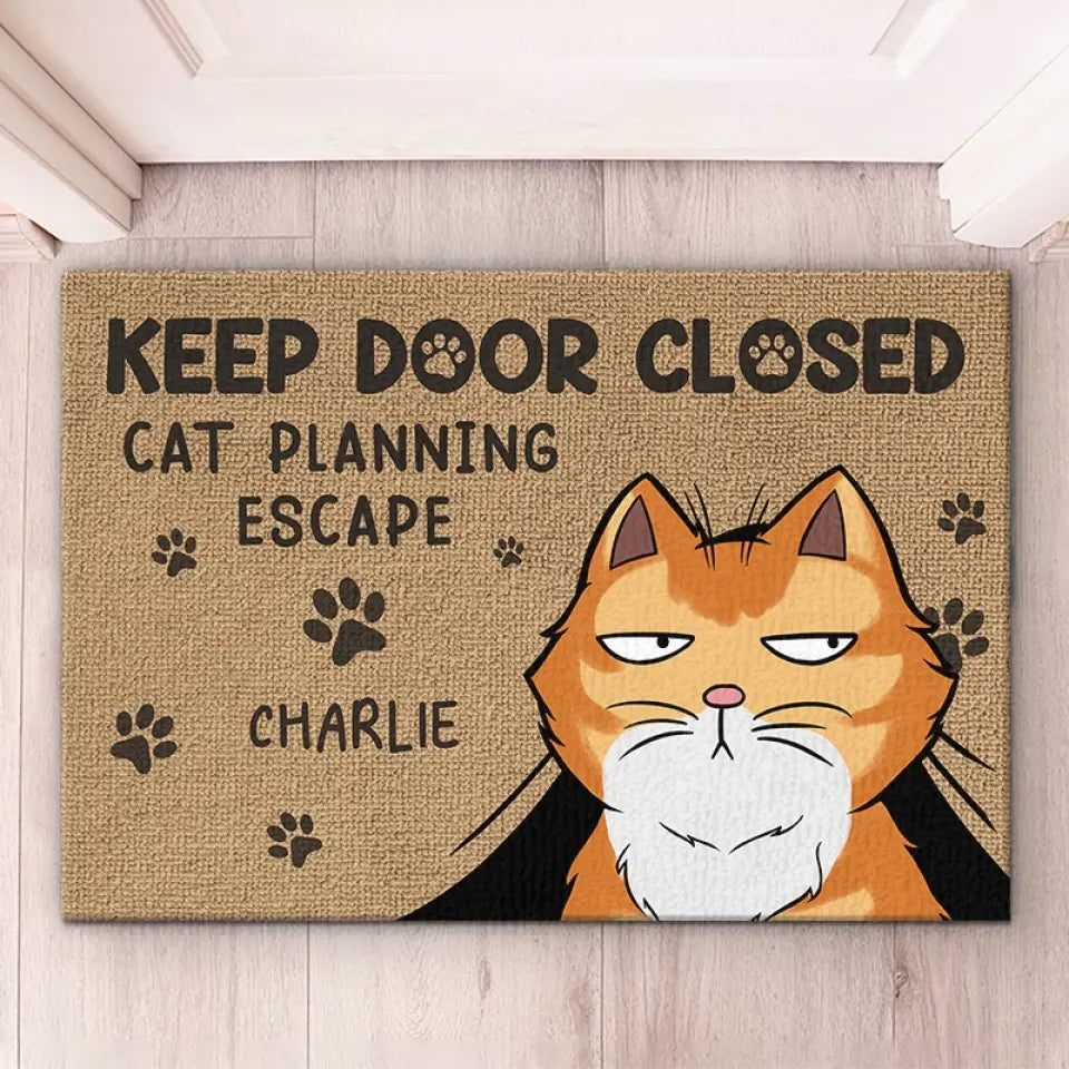 Veuillez garder la porte fermée, les chats planifient une évasion - Tapis décoratif personnalisé pour chat - Cadeau de pendaison de crémaillère pour les amoureux des animaux, les propriétaires d'animaux