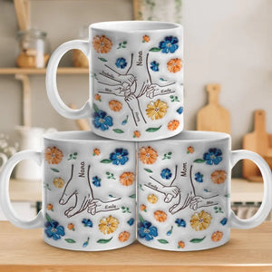 Tiens-moi la main, tiens mon cœur ! Mug personnalisé en 3D avec effet gonflé, idéal pour la fête des mères ou la fête des grands-mères.