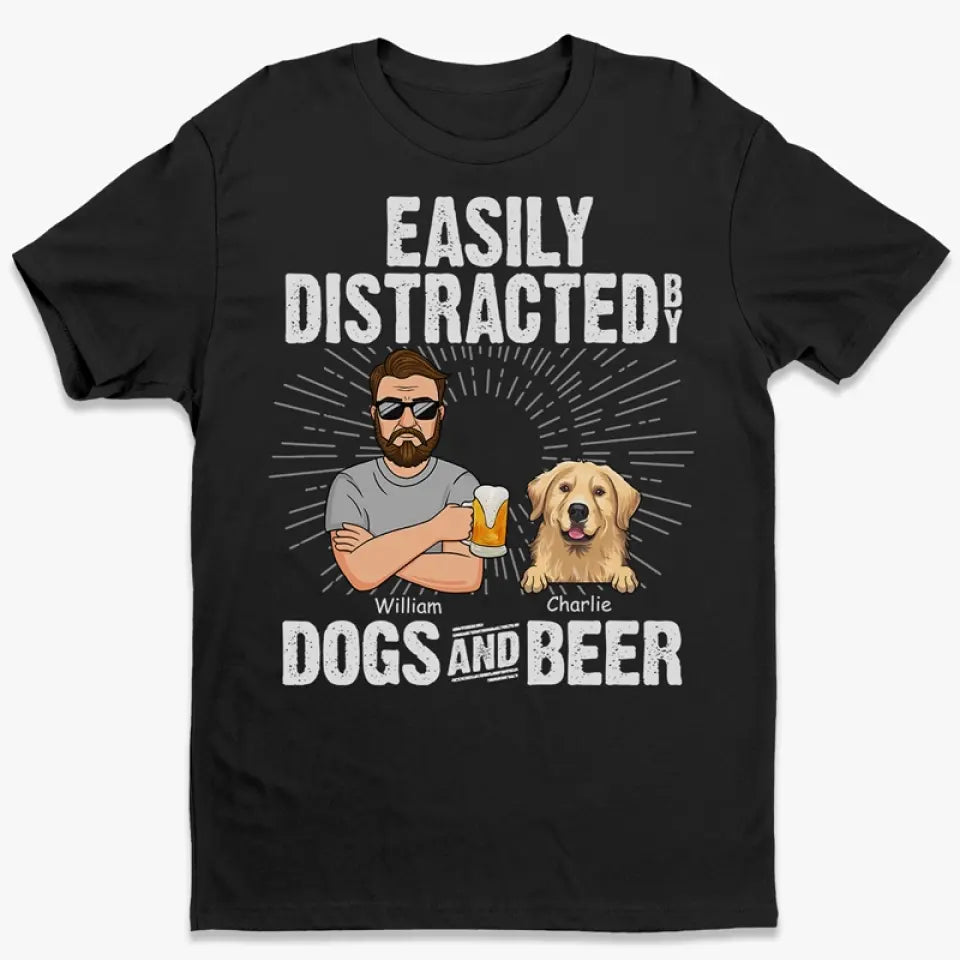 Facilement distrait par les chiens et la bière - T-shirt unisexe personnalisé pour chien, sweat à capuche, sweat-shirt - Fête des Pères, cadeau pour les propriétaires d'animaux et les amoureux des animaux