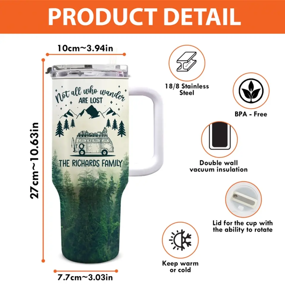 Tous ceux qui errent ne sont pas perdus - Gobelet personnalisé en acier inoxydable de 1 134 ml avec poignée - Cadeau pour les amateurs de camping