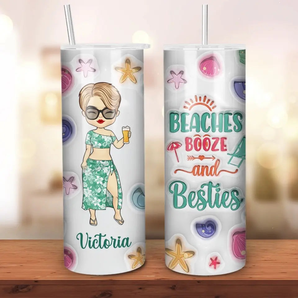 Plages, alcool et meilleures amies - Gobelet fin personnalisé avec effet gonflable 3D imprimé - Cadeau de vacances d'été pour meilleures amies, meilleures amies et sœurs