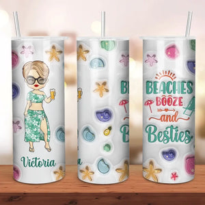 Plages, alcool et meilleures amies - Gobelet fin personnalisé avec effet gonflable 3D imprimé - Cadeau de vacances d'été pour meilleures amies, meilleures amies et sœurs