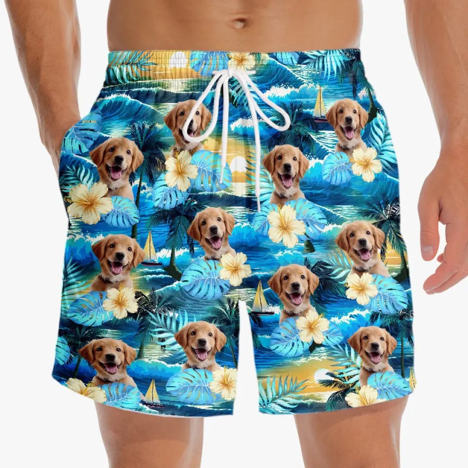 Short de plage hawaïen personnalisé avec photo « Pattes de sable et cœurs heureux » pour chien et chat, motif tropical Aloha, pour homme - Cadeau idéal pour les vacances d'été, les anniversaires et les amoureux des animaux.