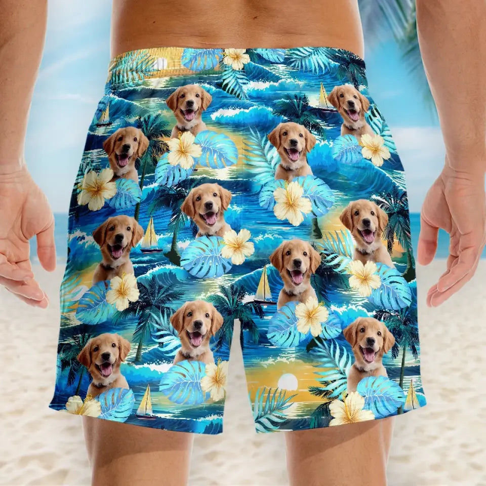 Short de plage hawaïen personnalisé avec photo « Pattes de sable et cœurs heureux » pour chien et chat, motif tropical Aloha, pour homme - Cadeau idéal pour les vacances d'été, les anniversaires et les amoureux des animaux.