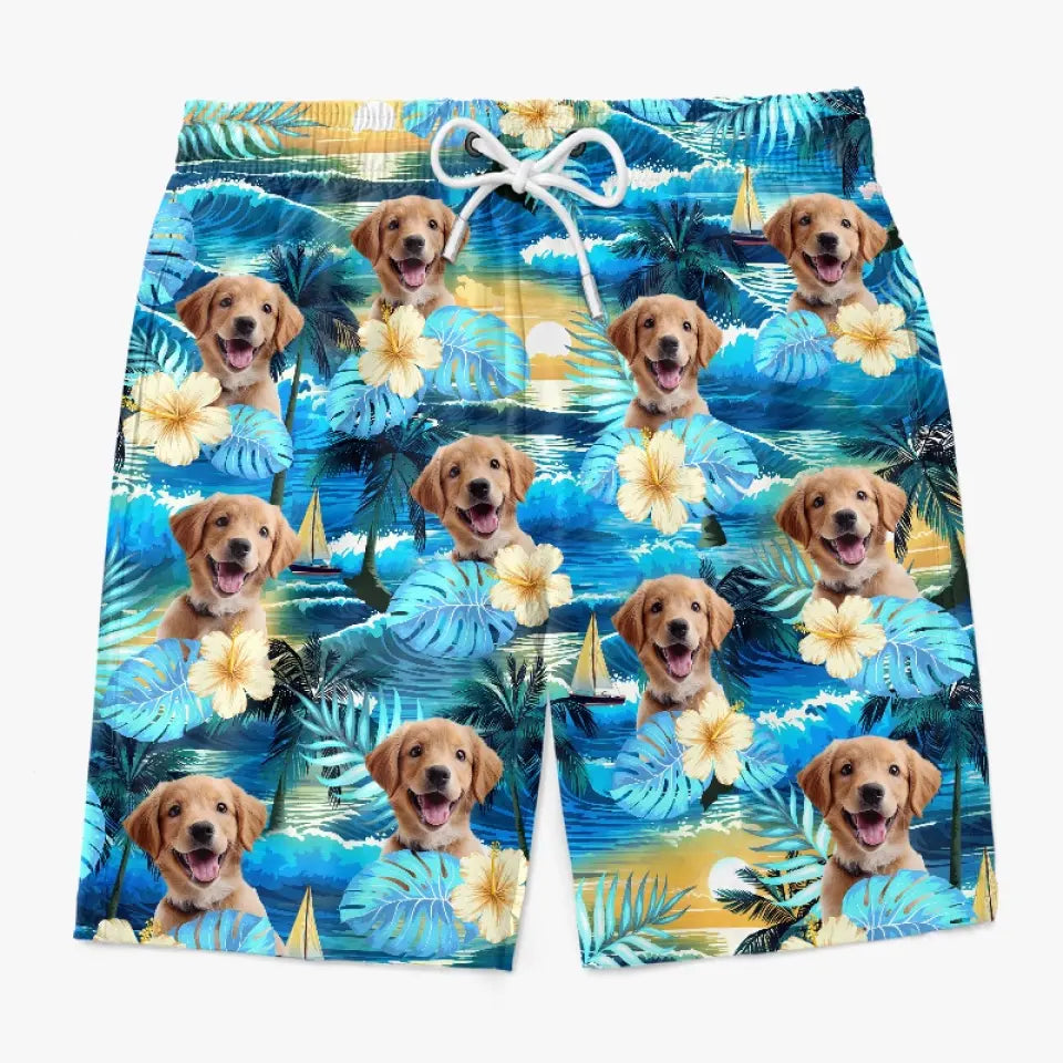 Short de plage hawaïen personnalisé avec photo « Pattes de sable et cœurs heureux » pour chien et chat, motif tropical Aloha, pour homme - Cadeau idéal pour les vacances d'été, les anniversaires et les amoureux des animaux.