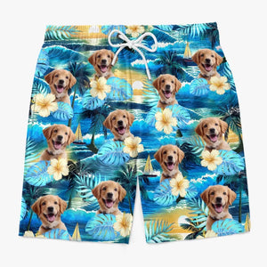 Short de plage hawaïen personnalisé avec photo « Pattes de sable et cœurs heureux » pour chien et chat, motif tropical Aloha, pour homme - Cadeau idéal pour les vacances d'été, les anniversaires et les amoureux des animaux.