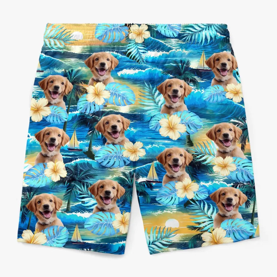 Short de plage hawaïen personnalisé avec photo « Pattes de sable et cœurs heureux » pour chien et chat, motif tropical Aloha, pour homme - Cadeau idéal pour les vacances d'été, les anniversaires et les amoureux des animaux.