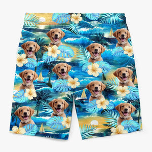 Short de plage hawaïen personnalisé avec photo « Pattes de sable et cœurs heureux » pour chien et chat, motif tropical Aloha, pour homme - Cadeau idéal pour les vacances d'été, les anniversaires et les amoureux des animaux.