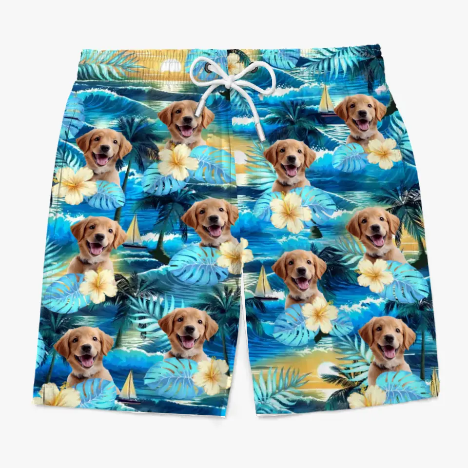 Short de plage hawaïen personnalisé avec photo « Pattes de sable et cœurs heureux » pour chien et chat, motif tropical Aloha, pour homme - Cadeau idéal pour les vacances d'été, les anniversaires et les amoureux des animaux.