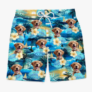 Short de plage hawaïen personnalisé avec photo « Pattes de sable et cœurs heureux » pour chien et chat, motif tropical Aloha, pour homme - Cadeau idéal pour les vacances d'été, les anniversaires et les amoureux des animaux.