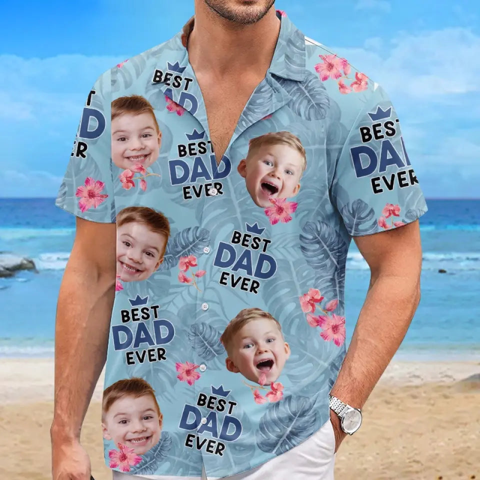 T-shirt hawaïen unisexe personnalisé avec photo « Meilleur papa de tous les temps » - Cadeau idéal pour les vacances d'été, les papas et les grands-pères