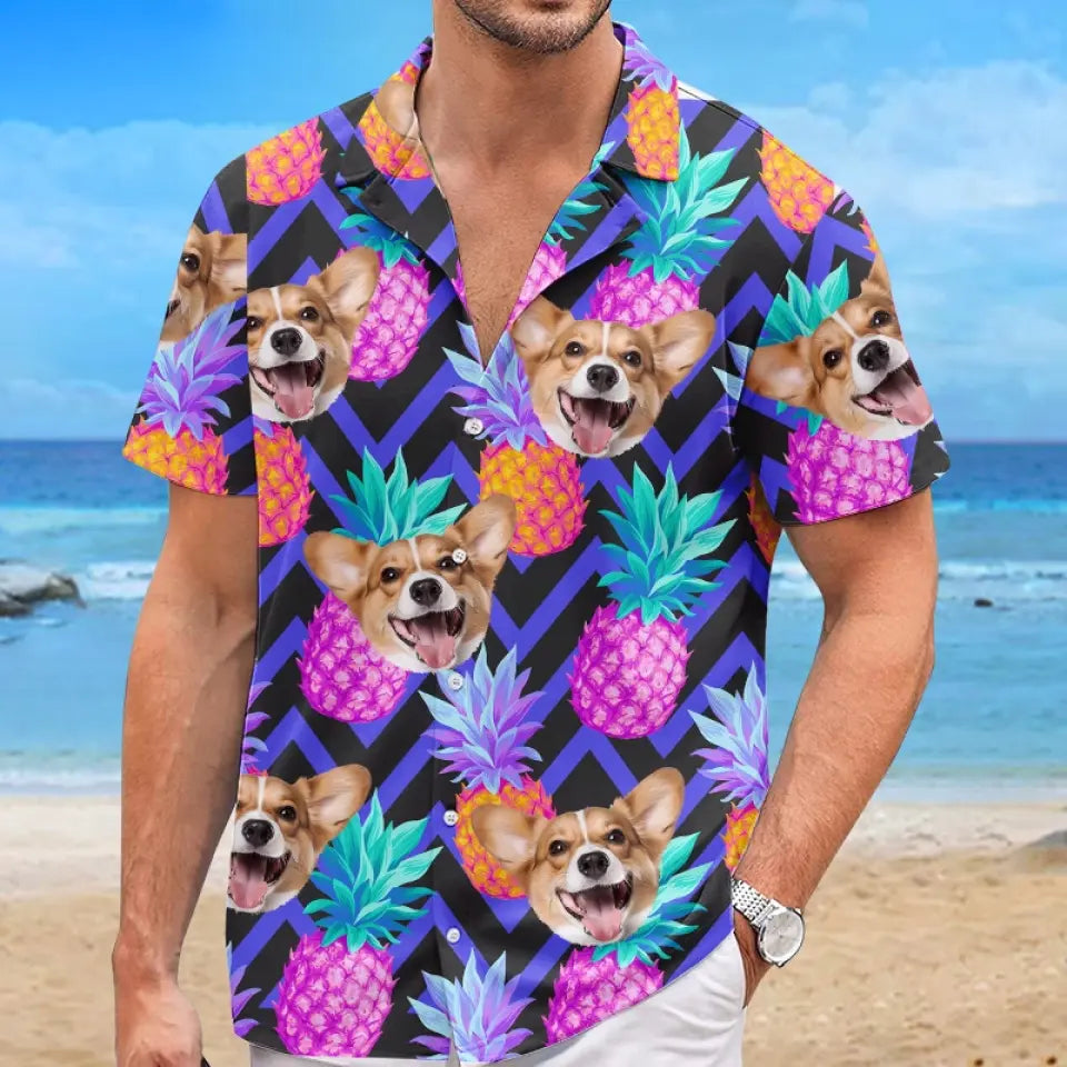 Photo personnalisée : Profitez pleinement de l'ambiance tropicale estivale ! T-shirt hawaïen unisexe personnalisé pour chien et chat ! Cadeau de vacances d'été, cadeau pour propriétaires d'animaux et amoureux des animaux.