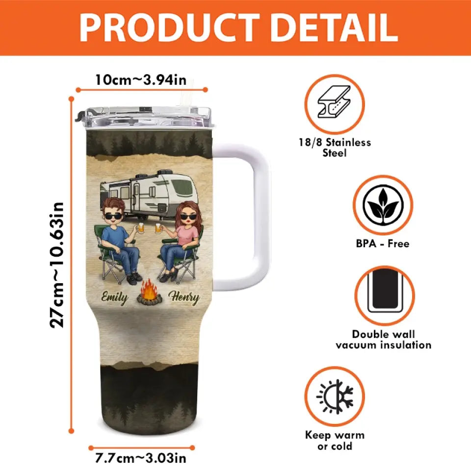 Toi et moi, partenaires de camping pour la vie - Gobelet personnalisé en acier inoxydable de 1 134 ml avec poignée - Cadeau pour mari et femme, amoureux du camping