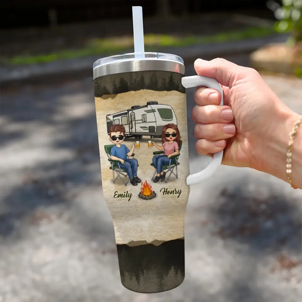 Toi et moi, partenaires de camping pour la vie - Gobelet personnalisé en acier inoxydable de 1 134 ml avec poignée - Cadeau pour mari et femme, amoureux du camping