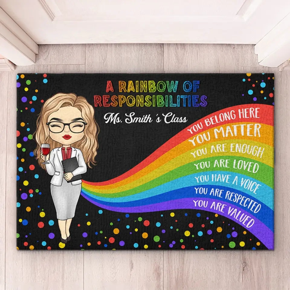 Un arc-en-ciel de responsabilités - Tapis décoratif personnalisé pour enseignant - Cadeau de pendaison de crémaillère pour enseignant