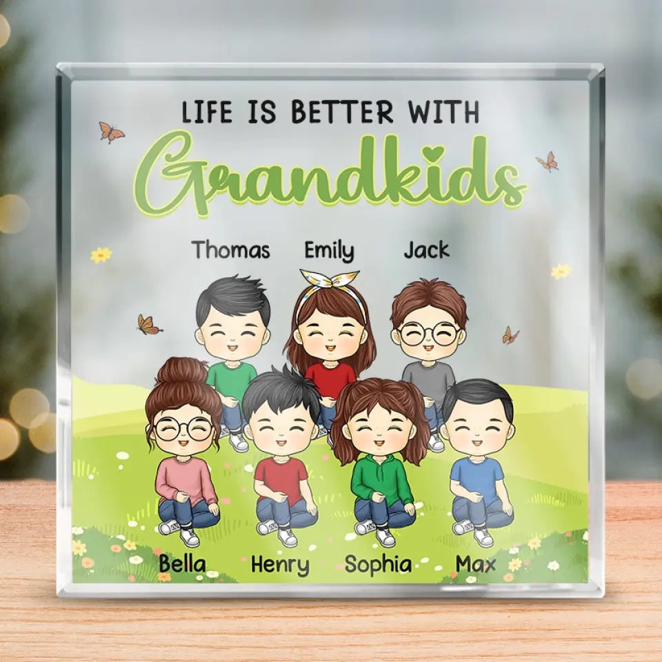 La vie est meilleure avec ses petits-enfants - Plaque acrylique carrée personnalisée pour la famille - Cadeau pour petits-enfants