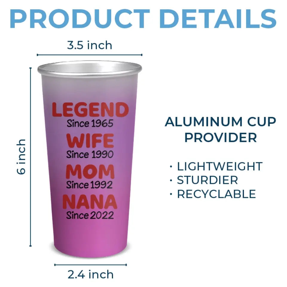 Legend Since - Gobelet personnalisé en aluminium à changement de couleur - Cadeau pour maman et grand-mère