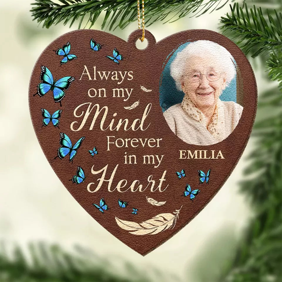 Photo personnalisée pour toujours dans nos cœurs - Ornement commémoratif personnalisé en cuir - Cadeau de Noël, cadeau de condoléances pour les membres de la famille