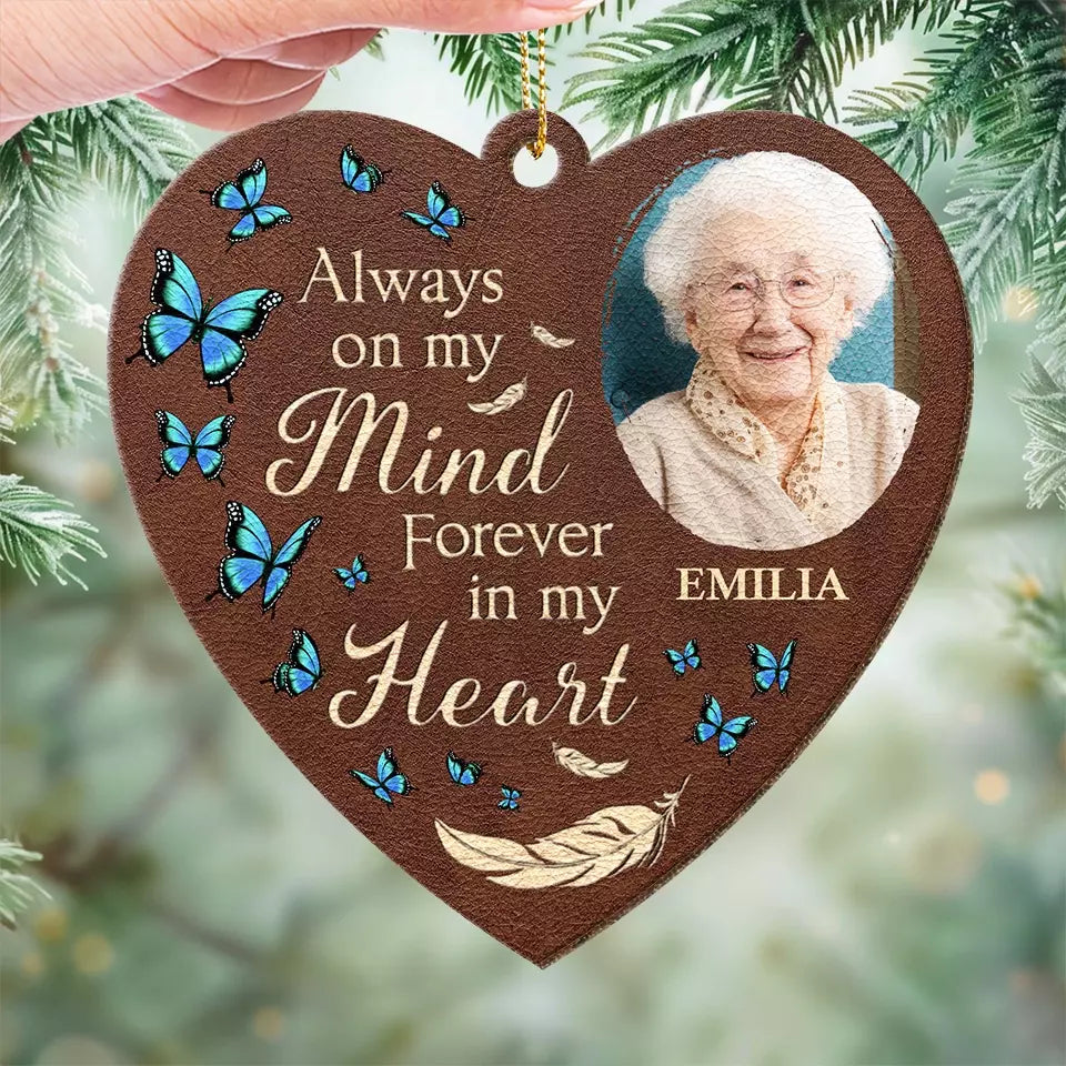 Photo personnalisée pour toujours dans nos cœurs - Ornement commémoratif personnalisé en cuir - Cadeau de Noël, cadeau de condoléances pour les membres de la famille