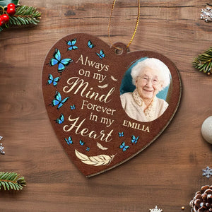 Photo personnalisée pour toujours dans nos cœurs - Ornement commémoratif personnalisé en cuir - Cadeau de Noël, cadeau de condoléances pour les membres de la famille