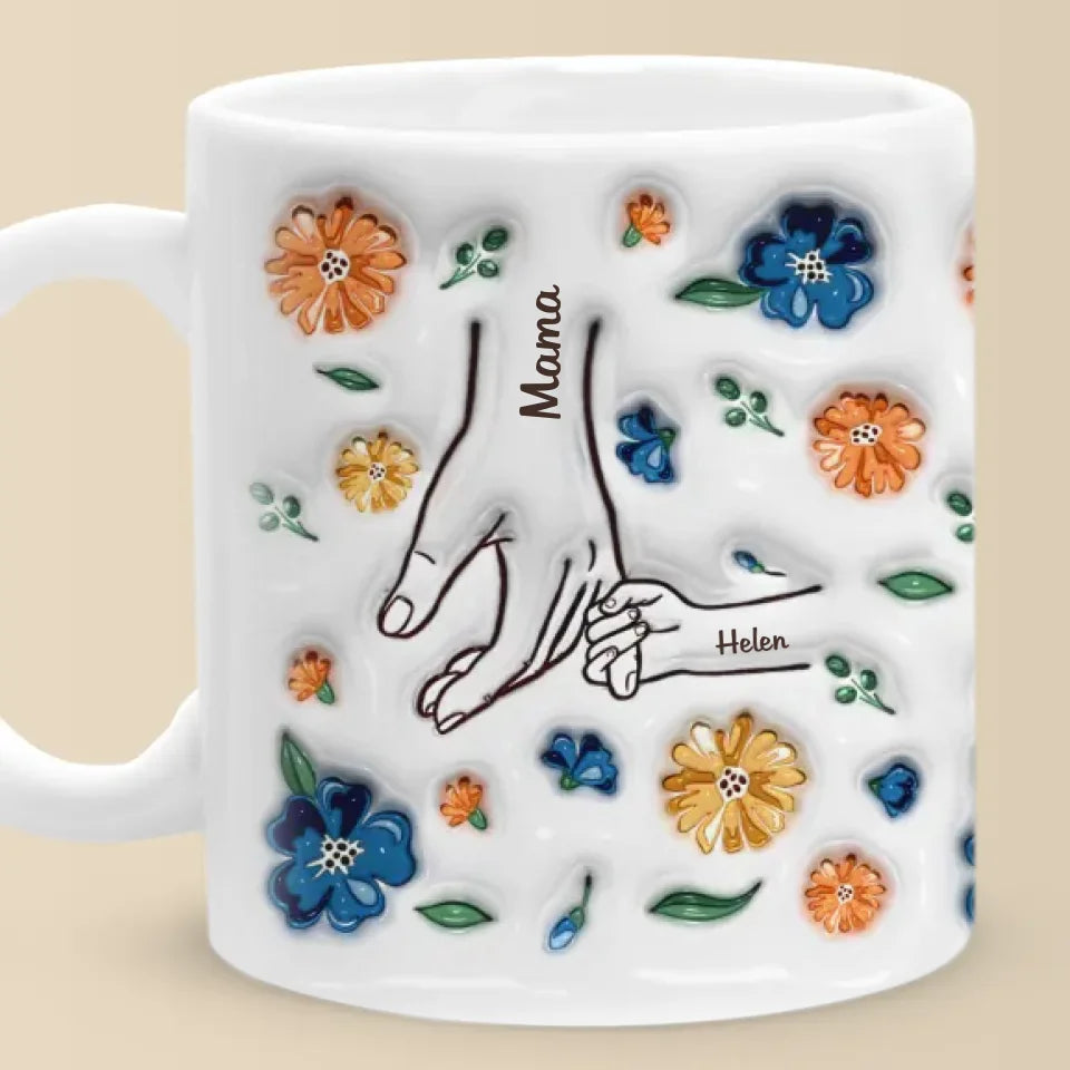 Tiens-moi la main, tiens mon cœur ! Mug personnalisé en 3D avec effet gonflé, idéal pour la fête des mères ou la fête des grands-mères.