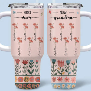 De ses racines, nous fleurissons - Gobelet personnalisé en acier inoxydable de 40 oz avec poignée - Cadeau pour maman, grand-mère