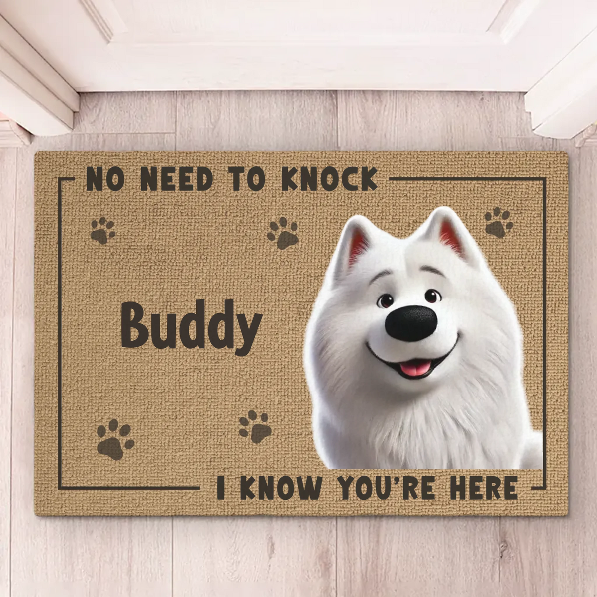 Pas besoin de frapper, mon chien m'a déjà dit que tu étais là - Tapis décoratif personnalisé pour chien - Cadeau de pendaison de crémaillère pour les propriétaires d'animaux et les amoureux des animaux