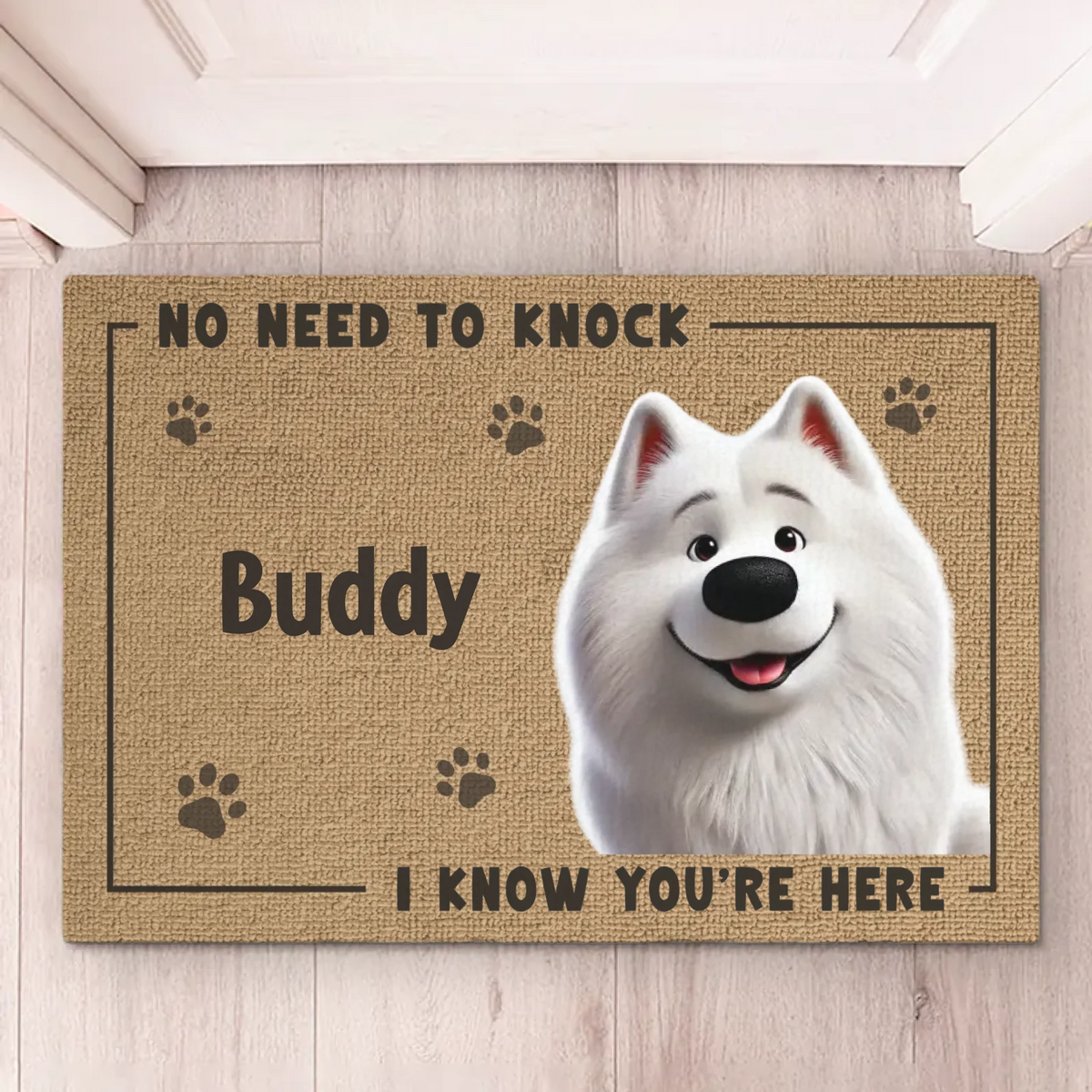 Pas besoin de frapper, mon chien m'a déjà dit que tu étais là - Tapis décoratif personnalisé pour chien - Cadeau de pendaison de crémaillère pour les propriétaires d'animaux et les amoureux des animaux