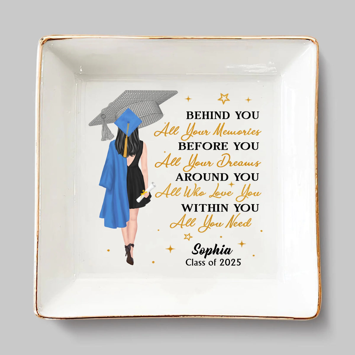 Commencé par un rêve, terminé par un chapeau - Plat à bijoux personnalisé pour la famille - Cadeau de remise de diplôme pour les membres de la famille, les frères et sœurs, les frères, les sœurs et les meilleurs amis