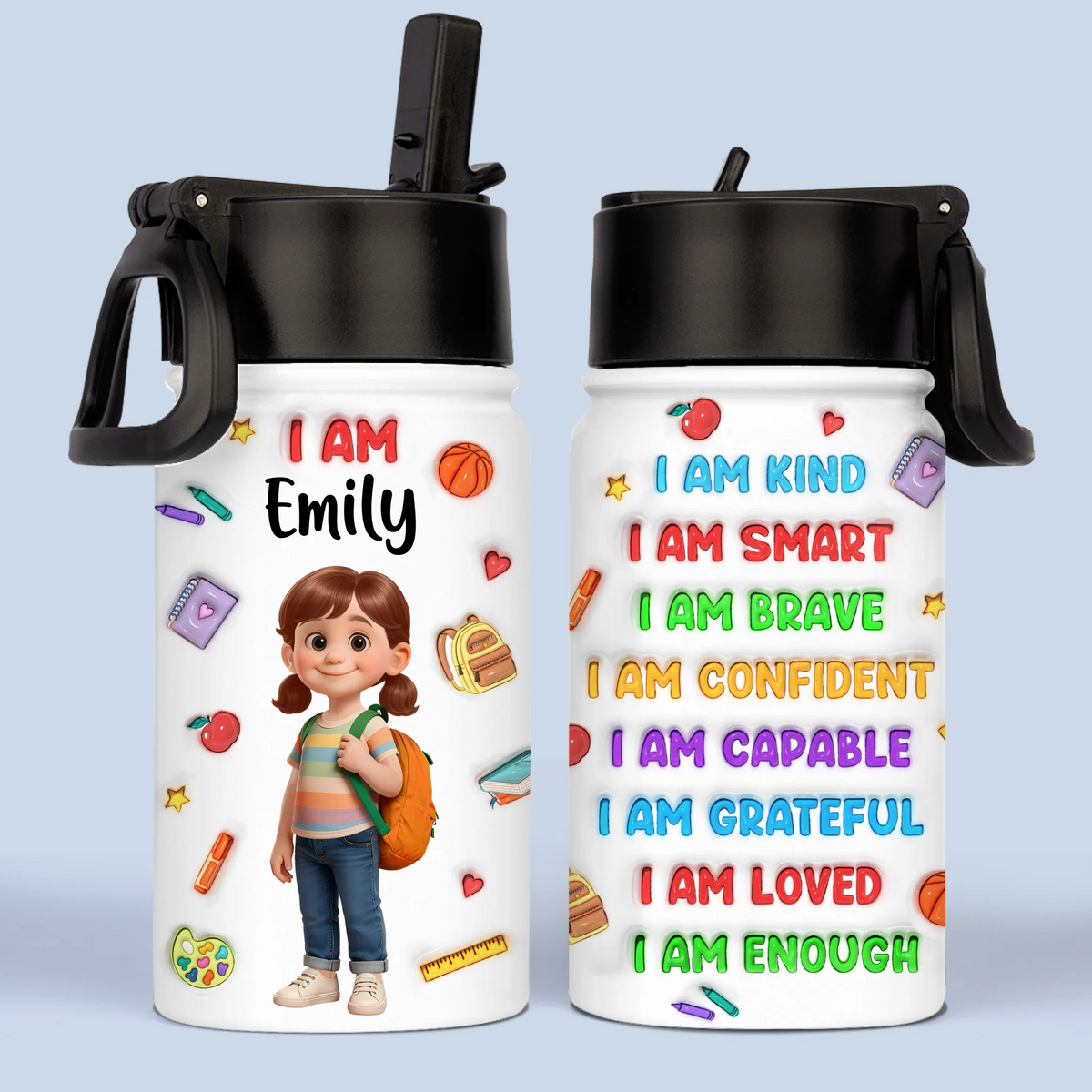 Gourde personnalisée pour enfants avec effet gonflable en 3D - Cadeaux de rentrée scolaire personnalisés pour enfants - Je suis courageux, audacieux et intelligent