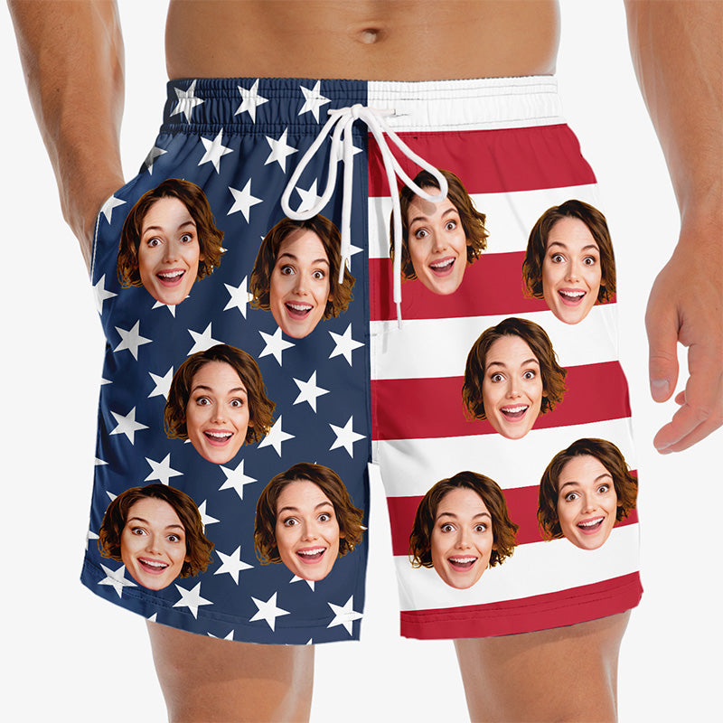Short de plage personnalisé avec photo représentant le drapeau rouge, blanc et bleu - Cadeau patriotique amusant pour homme - Fête de l'Indépendance, 4 juillet, vacances d'été, anniversaire pour mari