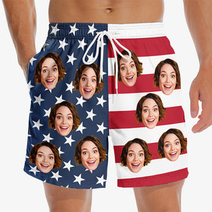 Short de plage personnalisé avec photo représentant le drapeau rouge, blanc et bleu - Cadeau patriotique amusant pour homme - Fête de l'Indépendance, 4 juillet, vacances d'été, anniversaire pour mari