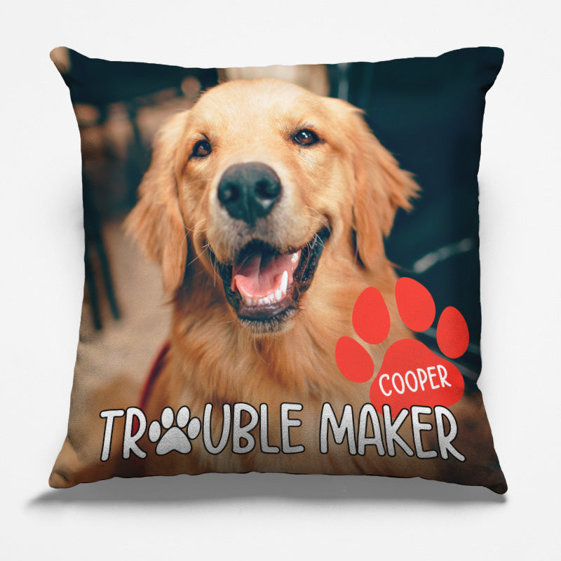 Coussin personnalisé avec photo « Trouble Maker » pour chien et chat – Cadeau pour propriétaires et amoureux des animaux