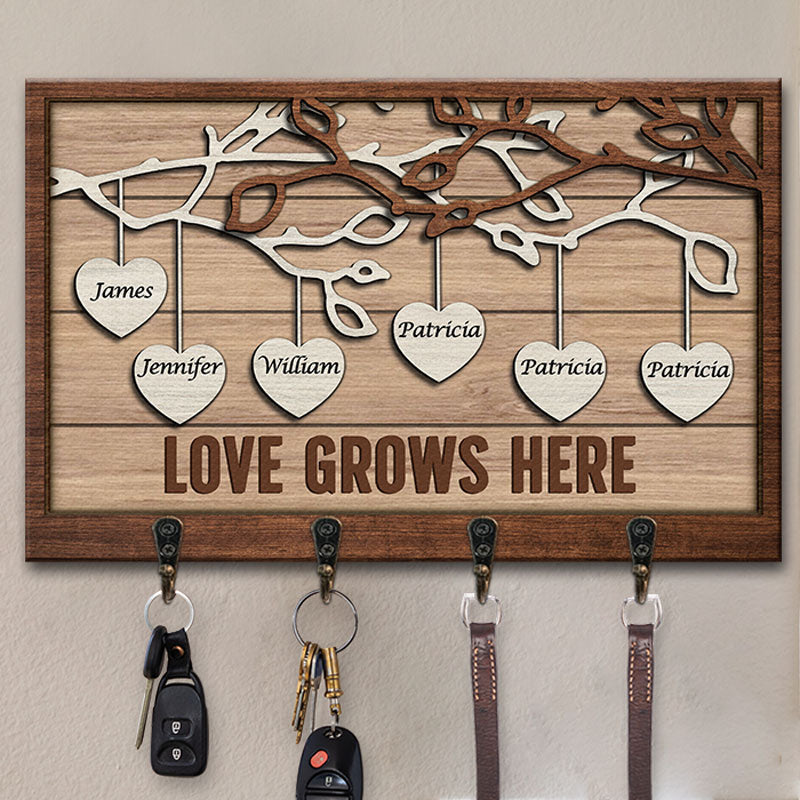 L'amour grandit ici - Porte-clés rectangulaire personnalisé pour la famille, porte-clés - Cadeau pour les membres de la famille