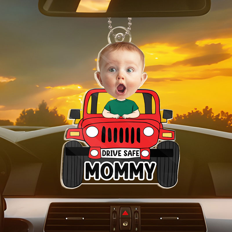 Photo personnalisée « Maman conduis prudemment » – Ornement de voiture personnalisé pour la famille – Forme personnalisée en acrylique – Cadeau pour les membres de la famille