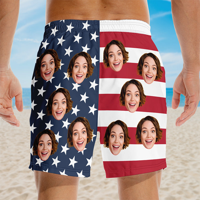 Short de plage personnalisé avec photo représentant le drapeau rouge, blanc et bleu - Cadeau patriotique amusant pour homme - Fête de l'Indépendance, 4 juillet, vacances d'été, anniversaire pour mari