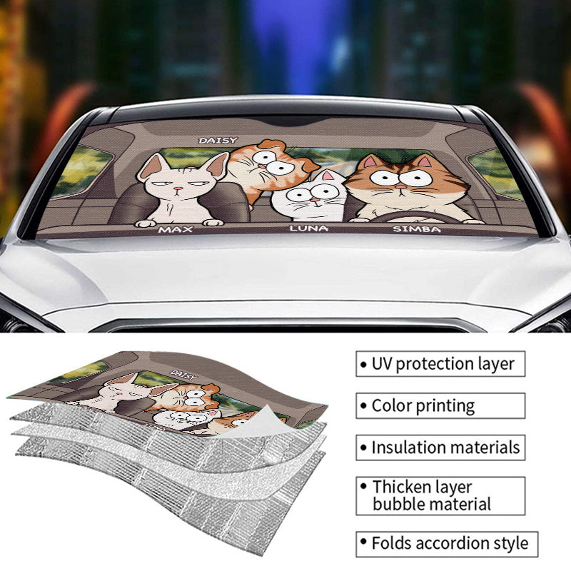 Custom Auto Windshield Sunshade Cover, Car Window Protector - Personalized Birthday Gifts For Dog Cat Lovers, Dog Dad And Mom, Cat Owners  - Cat's Trip