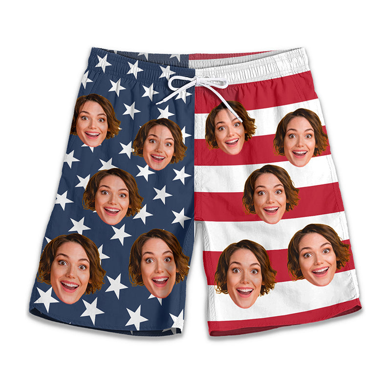 Short de plage personnalisé avec photo représentant le drapeau rouge, blanc et bleu - Cadeau patriotique amusant pour homme - Fête de l'Indépendance, 4 juillet, vacances d'été, anniversaire pour mari