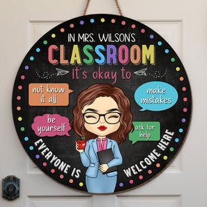 Tout le monde est le bienvenu ici - Panneau en bois rond personnalisé pour enseignant - Cadeau de pendaison de crémaillère pour enseignant, retour à l'école