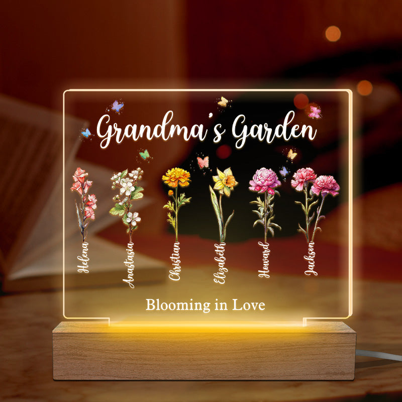 Mon jardin, mon amour - Lampe LED 3D rectangulaire personnalisée pour la famille - Cadeau pour grand-mère