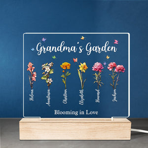 Mon jardin, mon amour - Lampe LED 3D rectangulaire personnalisée pour la famille - Cadeau pour grand-mère